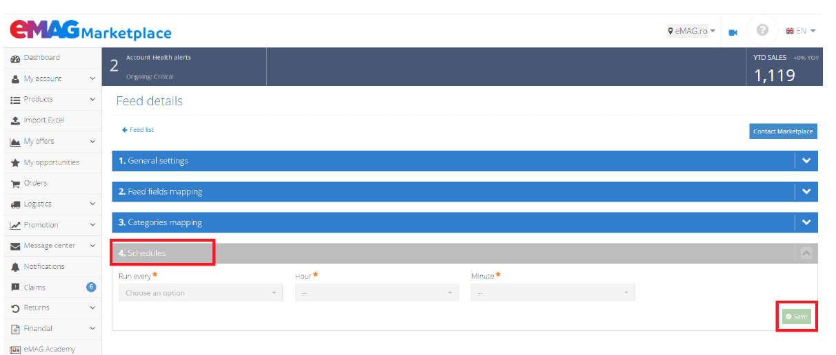 Sekce Schedules v detailu feedu na eMAG Marketplace pro nastavení časování importu