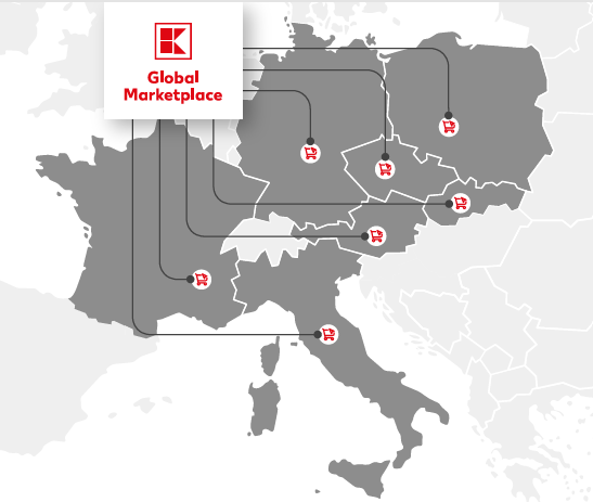 Mapa Evropy s logem Kaufland Global Marketplace a ikonami nákupních košíků označujícími trhy včetně Francie a Itálie