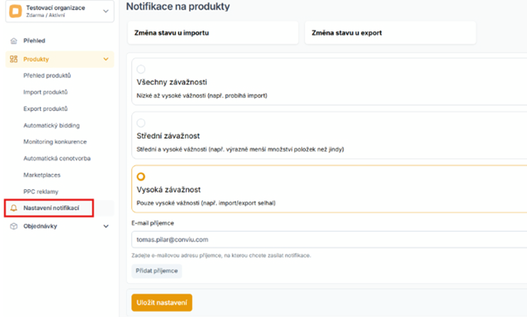 Sekce Nastavení notifikací v Conviu s volbou závažnosti upozornění na produkty a polem pro e-mail příjemce.