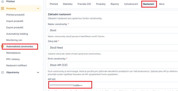 Základní nastavení automatické cenotvorby v Conviu se zdrojem dat Zboží feed, druhem Zbozi API a zvýrazněným polem API klíč.