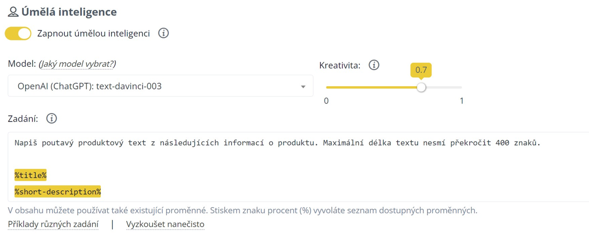 Nastavení umělé inteligence v Conviu s výběrem modelu OpenAI ChatGPT, posuvníkem kreativity 0,7 a polem pro zadání promptu na tvorbu produktového textu