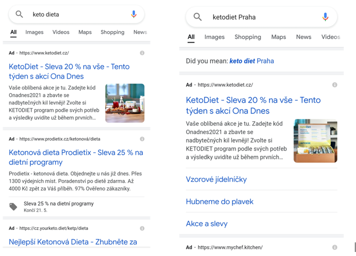 Dva mobilní náhledy vyhledávání Google na dotazy keto dieta a ketodiet Praha s reklamami KetoDiet doplněnými o obrázek produktu.