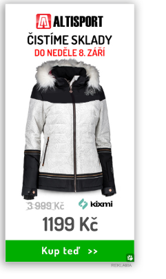 Statický banner Altisport s bílou dámskou lyžařskou bundou, slevou na 1199 Kč a tlačítkem Kup teď.