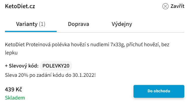 Detail nabídky KetoDiet.cz na Heurece se slevovým kódem POLEVKY20 a slevou 20 % platnou do 30. 1. 2022.