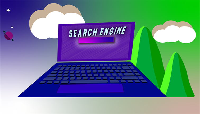 Grafická ilustrace notebooku s nápisem Search Engine na obrazovce, symbolizující optimalizaci webu pro vyhledávače a AI.