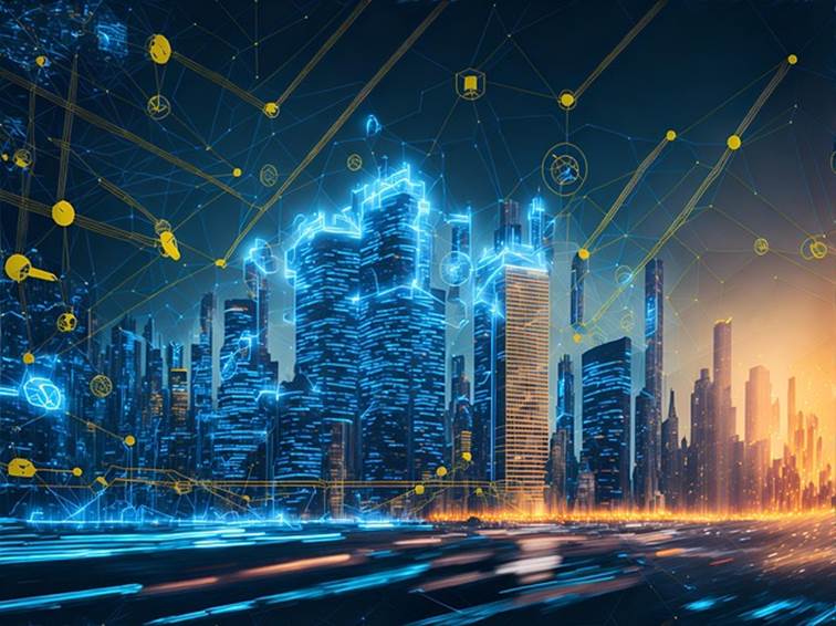 Noční panorama velkoměsta propojené svítící digitální sítí uzlů a ikon, symbolizující datové propojení a umělou inteligenci.