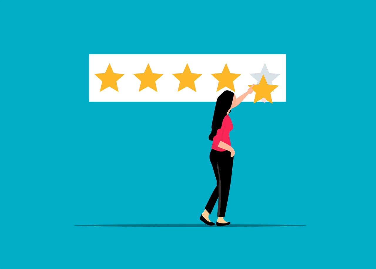 Ilustrace ženy přidávající pátou žlutou hvězdičku k hodnocení, symbolizující recenze a hvězdičkové hodnocení produktů na Googlu.