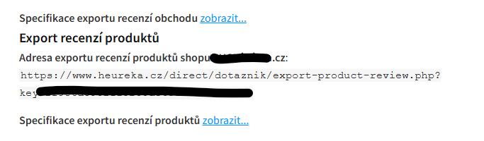 Detail Heureka nastavení s URL adresou exportu recenzí produktů (export-product-review.php) pro import recenzí do Conviu.