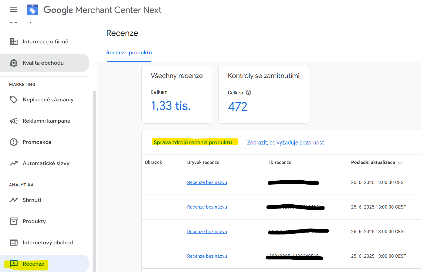 Sekce Recenze v Google Merchant Center Next s 1,33 tis. recenzí produktů a tlačítkem Správa zdrojů recenzí produktů.
