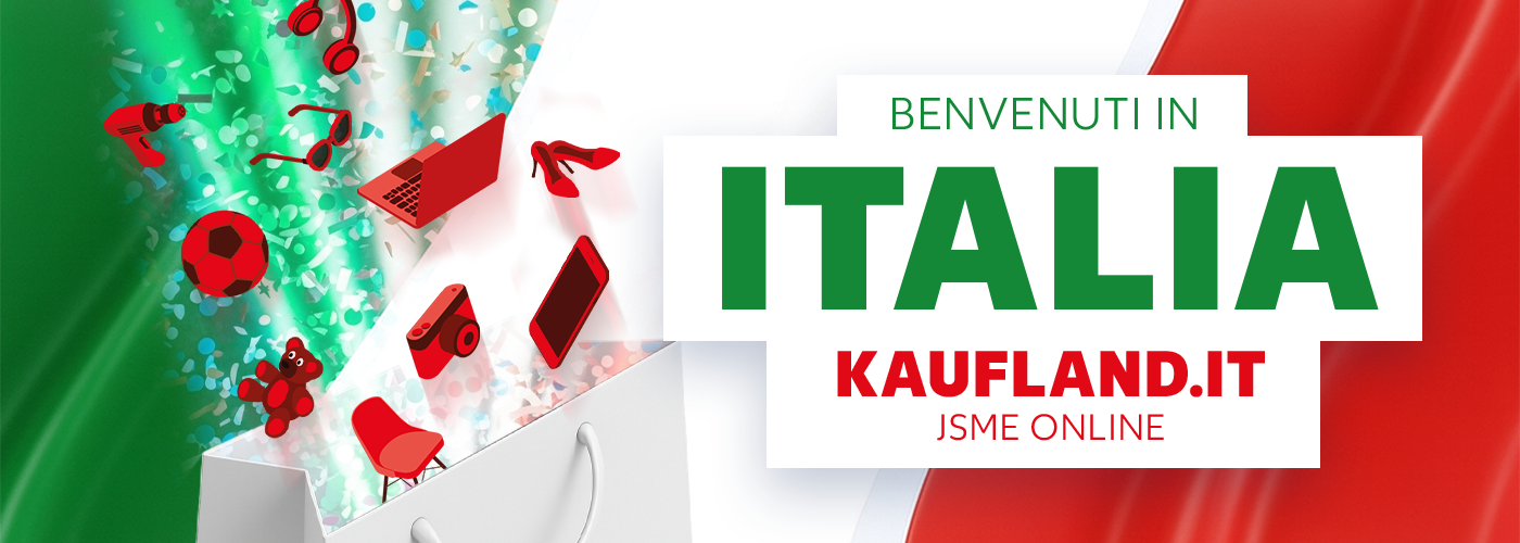 Uvítací banner Benvenuti in Italia ohlašující spuštění Kaufland.it v italských barvách