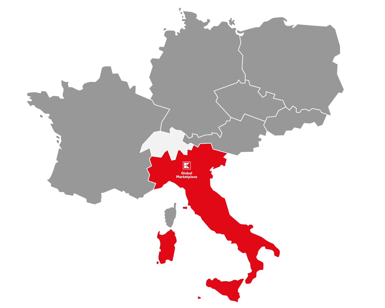 Mapa Evropy s červeně zvýrazněnou Itálií a logem Kaufland Global Marketplace označujícím vstup na italský trh