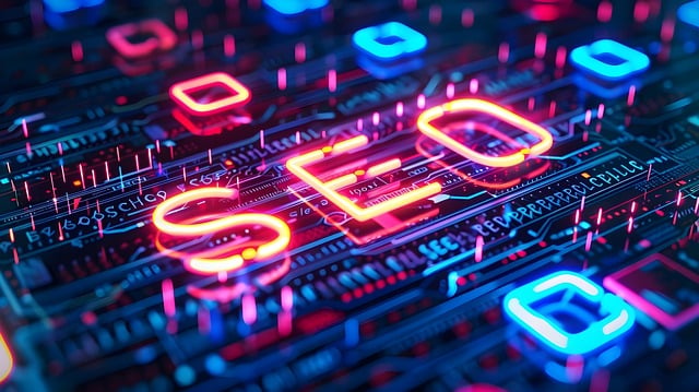 Svítící neonový nápis SEO na pozadí digitálního obvodu symbolizující lokální SEO optimalizaci