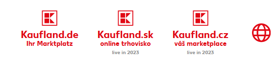 Loga marketplaců Kaufland.de, Kaufland.sk a Kaufland.cz s označením live in 2023 a ikonou zeměkoule