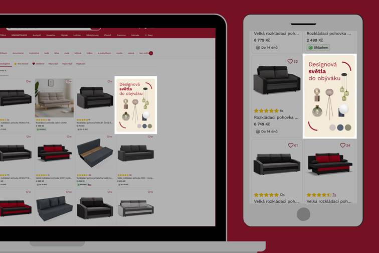 Ukázka nové brandové reklamy na FAVI na notebooku i mobilu, banner Designová světla do obýváku ve výpisu rozkládacích pohovek.