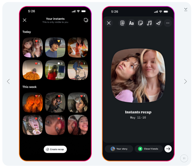 Snímky nové funkce Instagramu Instants na mobilu s mřížkou neformálních fotek a sestaveným Instants recapem.