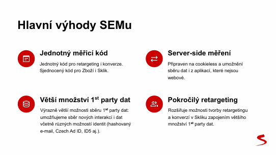 Přehled hlavních výhod nového SEMu od Seznamu: jednotný měřicí kód, server-side měření, více 1st party dat a pokročilý retargeting