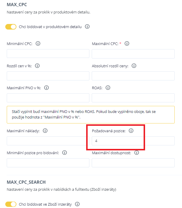 Nastavení biddingu Conviu pro Zboží.cz s poli MAX_CPC a zvýrazněnou požadovanou pozicí 4.